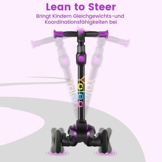 YOLEO Roller Kinder für 3–12 Jahre, Kinder Roller mit 4 Verstellbaren Höhen, Leuchtenden Räder Kinderroller, Stoßdämpfendes Design, Leicht zu Lenken, Balance-Trainings-Roller für Kinder, Violett