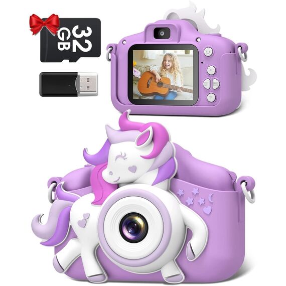 Kinderkamera, Gofunly Kinder Kamera 1080P 2,0-Zoll-Bildschirm Selfie Digitalkamera mit 32GB-Karte für 3-12 Jahre Jungen Mädchen Geburtstagsgeschenk Weihnachten Spielzeug Lila-Weißes Pferd