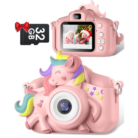 Kinderkamera, Gofunly Kinder Kamera 1080P 2,0-Zoll-Bildschirm Selfie Digitalkamera mit 32GB-Karte für 3-12 Jahre Jungen Mädchen Geburtstagsgeschenk Weihnachten Spielzeug Rosa Pferd