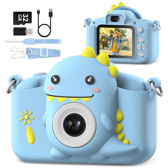 Kinderkamera, Gofunly Kinder Kamera 1080P 2,0-Zoll-Bildschirm Selfie Digitalkamera mit 32GB-Karte für 3-12 Jahre Jungen Mädchen Geburtstagsgeschenk Weihnachten Spielzeug Blau Dinosaurier