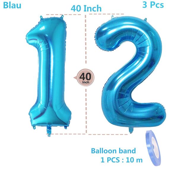 2 Luftballons Zahl 12, Nummer Luftballon Blau Mädchen Junge Jungs,40" Riesen Aufblasbar Helium Folienballon Blue Ballons Figuren für Geburtstag 12.Jahre Kinder Jungen Party Dekoration (xxxl 100cm)