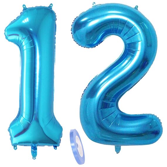 2 Luftballons Zahl 12, Nummer Luftballon Blau Mädchen Junge Jungs,40" Riesen Aufblasbar Helium Folienballon Blue Ballons Figuren für Geburtstag 12.Jahre Kinder Jungen Party Dekoration (xxxl 100cm)