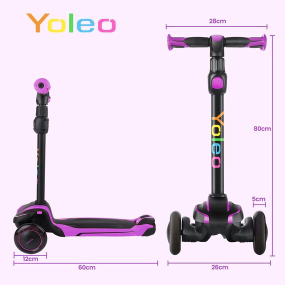 YOLEO Roller Kinder für 3–12 Jahre, Kinder Roller mit 4 Verstellbaren Höhen, Leuchtenden Räder Kinderroller, Stoßdämpfendes Design, Leicht zu Lenken, Balance-Trainings-Roller für Kinder, Violett