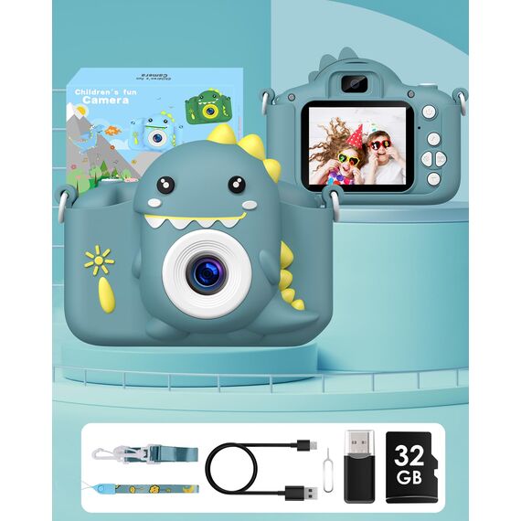 Kinderkamera, Gofunly Kinder Kamera 1080P 2,0-Zoll-Bildschirm Selfie Digitalkamera mit 32GB-Karte für 3-12 Jahre Jungen Mädchen Geburtstagsgeschenk Weihnachten Spielzeug Dunkelgrün Dinosaurier
