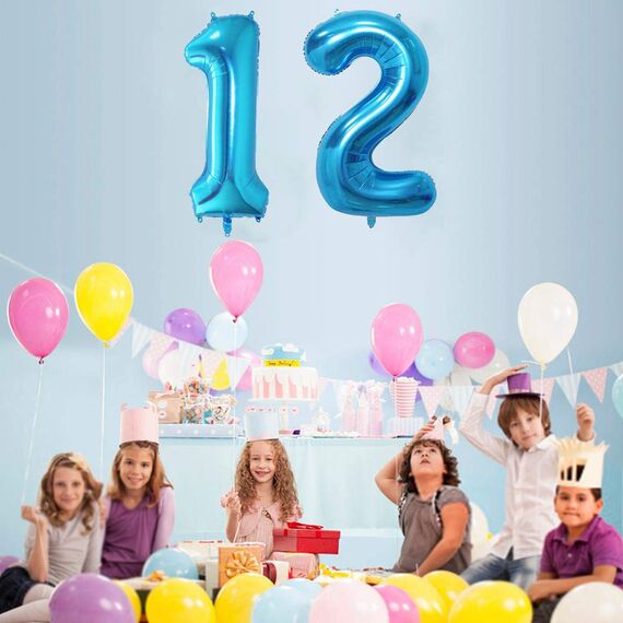 2 Luftballons Zahl 12, Nummer Luftballon Blau Mädchen Junge Jungs,40" Riesen Aufblasbar Helium Folienballon Blue Ballons Figuren für Geburtstag 12.Jahre Kinder Jungen Party Dekoration (xxxl 100cm)