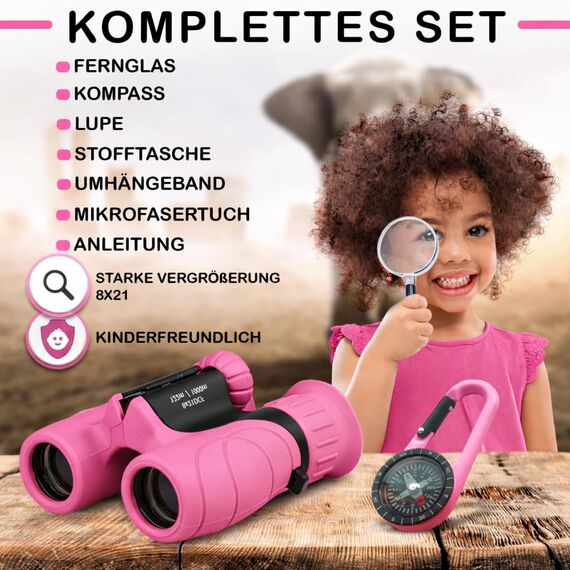 Fernglas für Kinder - Geschenk für kleine Jungen und Mädchen zu Weihnachten - Starke Vergrößerung 8X21 – Großes Set inkl. Lupe & Kompass – Spielzeug für 3-12 Jahre