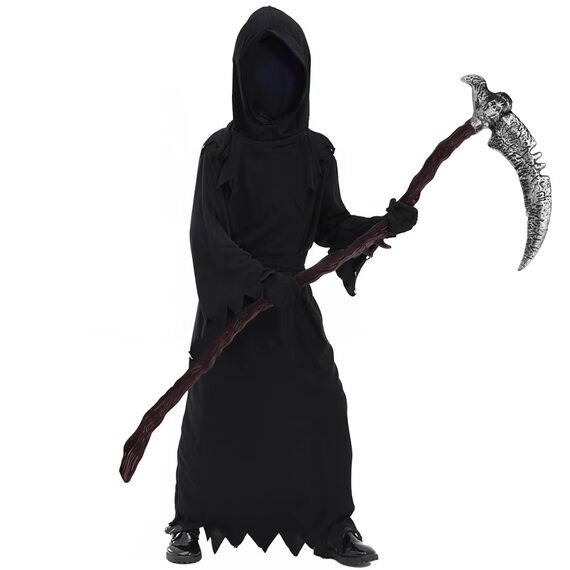 YIMOJOY Halloween Kostüm Gruselig Sensenmann Kostüm Kinder mit Sense,Masken,Handschuhe - Kinderkostüm Sensenmann Jungen Reaper Halloween Kostüm für Kinder Karnevals Cosplay(S:5–7 Jahre)