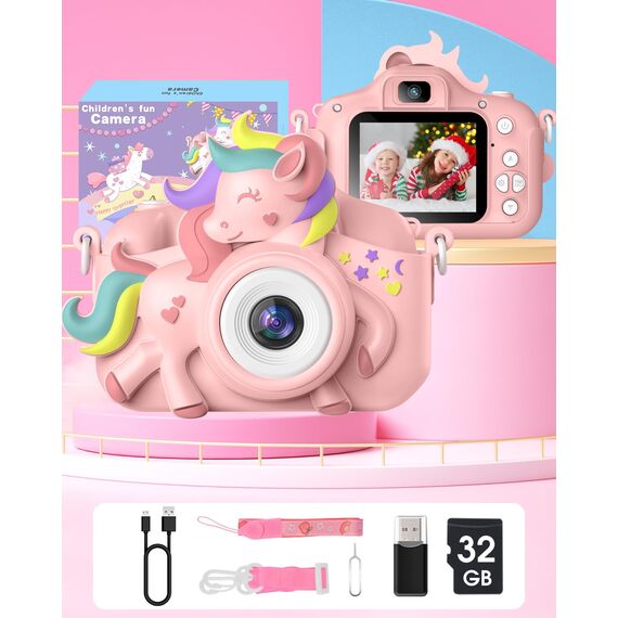 Kinderkamera, Gofunly Kinder Kamera 1080P 2,0-Zoll-Bildschirm Selfie Digitalkamera mit 32GB-Karte für 3-12 Jahre Jungen Mädchen Geburtstagsgeschenk Weihnachten Spielzeug Rosa Pferd