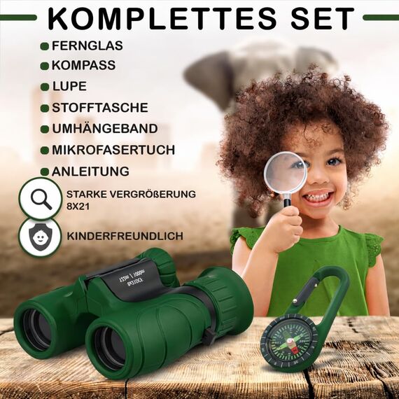 Fernglas für Kinder - Optimales Geschenk für Jungen und Mädchen - Starke Vergrößerung 8X21 – Umfangreiches Set inklusive Lupe & Kompass – Spielzeug für Kinder 3-12 Jahre