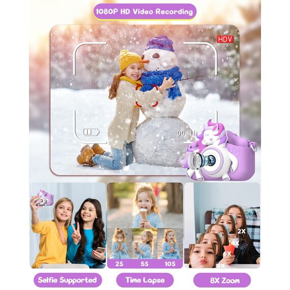 Kinderkamera, Gofunly Kinder Kamera 1080P 2,0-Zoll-Bildschirm Selfie Digitalkamera mit 32GB-Karte für 3-12 Jahre Jungen Mädchen Geburtstagsgeschenk Weihnachten Spielzeug Lila-Weißes Pferd