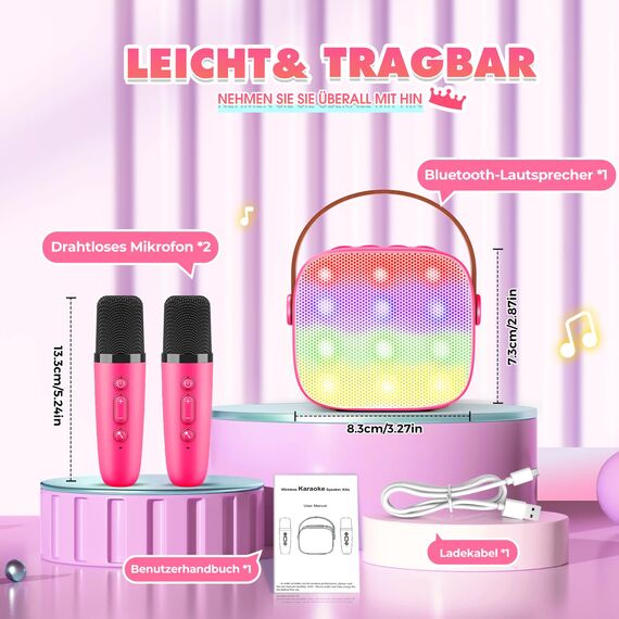 Dislocati Tragbarer Karaoke Maschine mit 2 Bluetooth Mikrofon, Kinder Geschenke Spielzeug für 3-12 Jahre Mini Karaoke Mikrofon Set mit DSP & LED-Lichtern Ideal für Familienfeiern, Partys & Outdoor