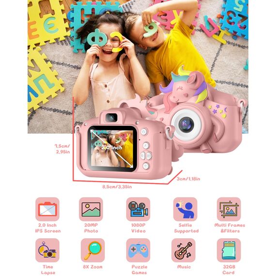 Kinderkamera, Gofunly Kinder Kamera 1080P 2,0-Zoll-Bildschirm Selfie Digitalkamera mit 32GB-Karte für 3-12 Jahre Jungen Mädchen Geburtstagsgeschenk Weihnachten Spielzeug Rosa Pferd