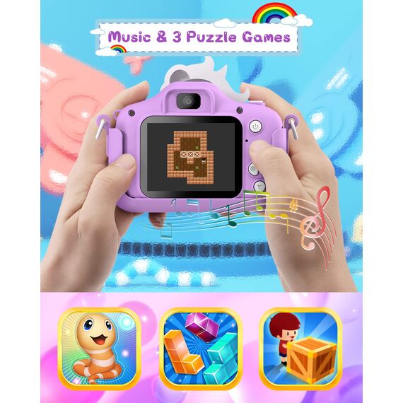 Kinderkamera, Gofunly Kinder Kamera 1080P 2,0-Zoll-Bildschirm Selfie Digitalkamera mit 32GB-Karte für 3-12 Jahre Jungen Mädchen Geburtstagsgeschenk Weihnachten Spielzeug Lila-Weißes Pferd