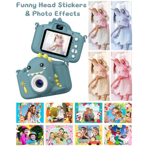 Kinderkamera, Gofunly Kinder Kamera 1080P 2,0-Zoll-Bildschirm Selfie Digitalkamera mit 32GB-Karte für 3-12 Jahre Jungen Mädchen Geburtstagsgeschenk Weihnachten Spielzeug Dunkelgrün Dinosaurier