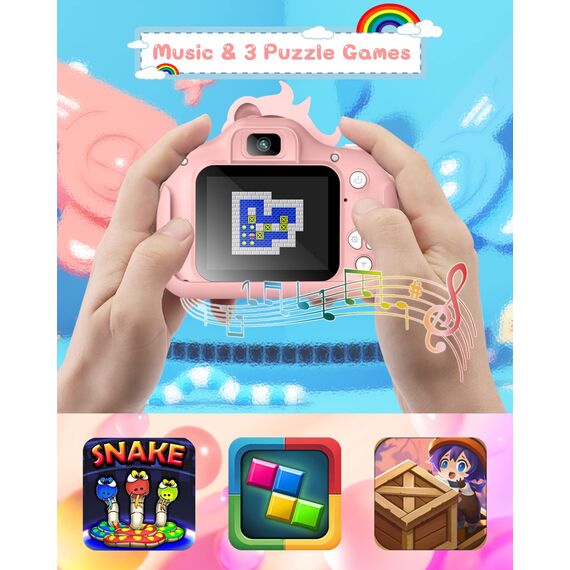 Kinderkamera, Gofunly Kinder Kamera 1080P 2,0-Zoll-Bildschirm Selfie Digitalkamera mit 32GB-Karte für 3-12 Jahre Jungen Mädchen Geburtstagsgeschenk Weihnachten Spielzeug Rosa Pferd