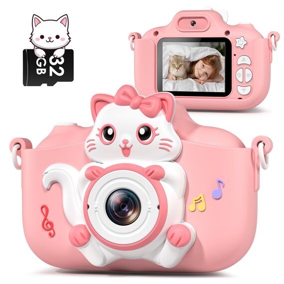 Kinderkamera, Gofunly Kinder Kamera 1080P 2,0-Zoll-Bildschirm Selfie Digitalkamera mit 32GB-Karte für 3-12 Jahre Jungen Mädchen Geburtstagsgeschenk Weihnachten Spielzeug Rosa Katze