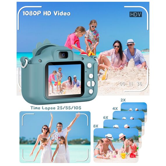 Kinderkamera, Gofunly Kinder Kamera 1080P 2,0-Zoll-Bildschirm Selfie Digitalkamera mit 32GB-Karte für 3-12 Jahre Jungen Mädchen Geburtstagsgeschenk Weihnachten Spielzeug Dunkelgrün Dinosaurier