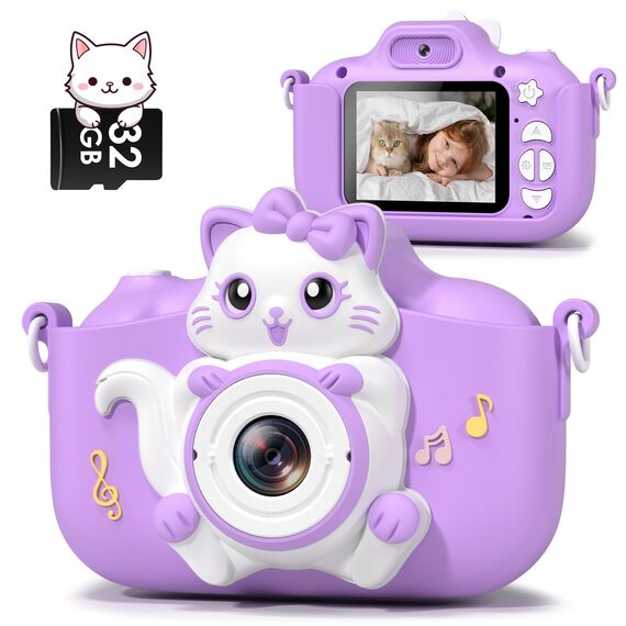 Kinderkamera, Gofunly Kinder Kamera 1080P 2,0-Zoll-Bildschirm Selfie Digitalkamera mit 32GB-Karte für 3-12 Jahre Jungen Mädchen Geburtstagsgeschenk Weihnachten Spielzeug Lila Katze