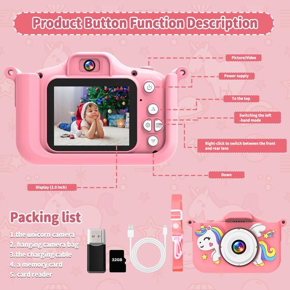 MYSTILUCK Kinderkamera, 1080P HD Digitalkamera für Kinder mit 2,0"-Bildschirm & 32GB-Karte, Fotoapparat-Spielzeug für Jungen & Mädchen, Kinder 3-12 Jahre Weihnachten & Geburtstag