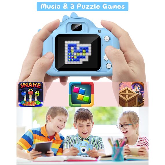 Kinderkamera, Gofunly Kinder Kamera 1080P 2,0-Zoll-Bildschirm Selfie Digitalkamera mit 32GB-Karte für 3-12 Jahre Jungen Mädchen Geburtstagsgeschenk Weihnachten Spielzeug Blau Dinosaurier