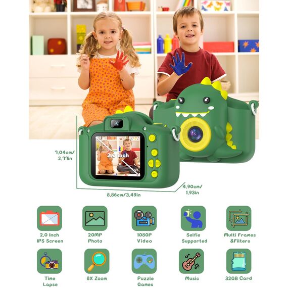 Kinderkamera, Gofunly Kinder Kamera 1080P 2,0-Zoll-Bildschirm Selfie Digitalkamera mit 32GB-Karte für 3-12 Jahre Jungen Mädchen Geburtstagsgeschenk Weihnachten Spielzeug Grün Dinosaurier