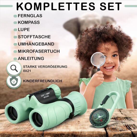 Fernglas für Kinder - Optimales Geschenk für Jungen und Mädchen - Starke Vergrößerung 8X21 – Umfangreiches Set inklusive Lupe & Kompass – Spielzeug für Kinder 3-12 Jahre