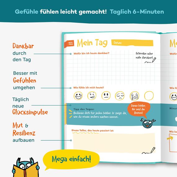 6-Minuten® Gefühlstagebuch Kinder 6–12 Jahre – Gefühle verstehen, Selbstbewusstsein & Achtsamkeit aufbauen – Tagebuch Mädchen – Gefühle Buch