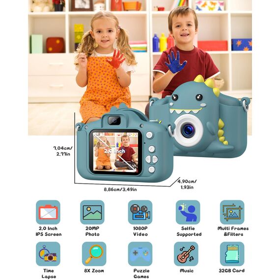Kinderkamera, Gofunly Kinder Kamera 1080P 2,0-Zoll-Bildschirm Selfie Digitalkamera mit 32GB-Karte für 3-12 Jahre Jungen Mädchen Geburtstagsgeschenk Weihnachten Spielzeug Dunkelgrün Dinosaurier