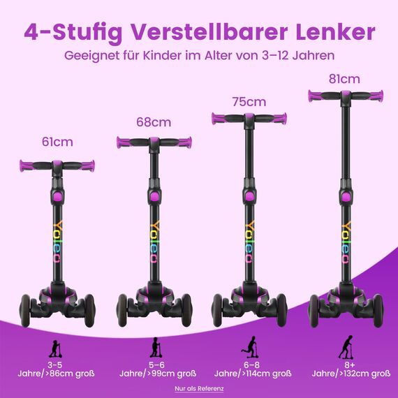 YOLEO Roller Kinder für 3–12 Jahre, Kinder Roller mit 4 Verstellbaren Höhen, Leuchtenden Räder Kinderroller, Stoßdämpfendes Design, Leicht zu Lenken, Balance-Trainings-Roller für Kinder, Violett