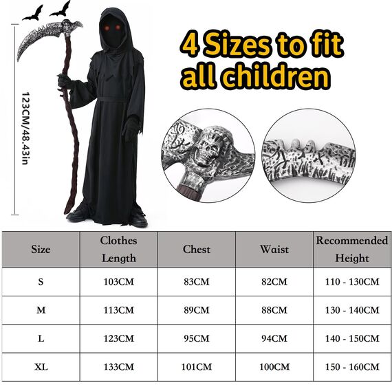 YIMOJOY Halloween Kostüm Gruselig Sensenmann Kostüm Kinder mit Sense,Masken,Handschuhe - Kinderkostüm Sensenmann Jungen Reaper Halloween Kostüm für Kinder Karnevals Cosplay(S:5–7 Jahre)