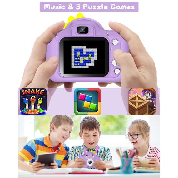 Kinderkamera, Gofunly Kinder Kamera 1080P 2,0-Zoll-Bildschirm Selfie Digitalkamera mit 32GB-Karte für 3-12 Jahre Jungen Mädchen Geburtstagsgeschenk Weihnachten Spielzeug Lila Dinosaurier