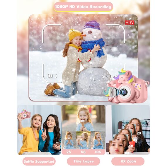 Kinderkamera, Gofunly Kinder Kamera 1080P 2,0-Zoll-Bildschirm Selfie Digitalkamera mit 32GB-Karte für 3-12 Jahre Jungen Mädchen Geburtstagsgeschenk Weihnachten Spielzeug Rosa Pferd