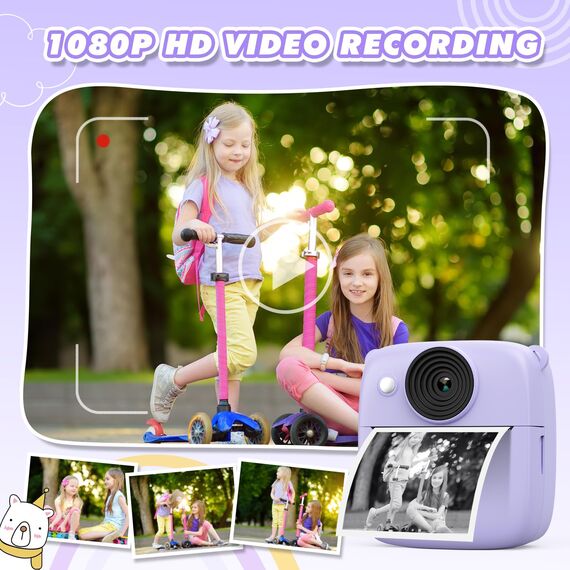 CalineGam Kinderkamera Sofortbildkamera, 48MP Sofortbildkamera Kinder mit 32GB Karte & Druckpapier, 1080P Digitalkamera Kinder, Geschenke für Jungen und Mädchen 3-12 Jahre (Lila)