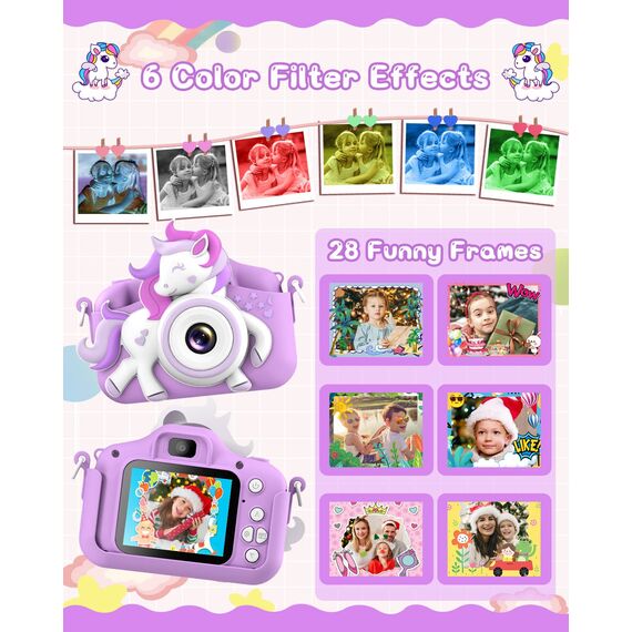 Kinderkamera, Gofunly Kinder Kamera 1080P 2,0-Zoll-Bildschirm Selfie Digitalkamera mit 32GB-Karte für 3-12 Jahre Jungen Mädchen Geburtstagsgeschenk Weihnachten Spielzeug Lila-Weißes Pferd