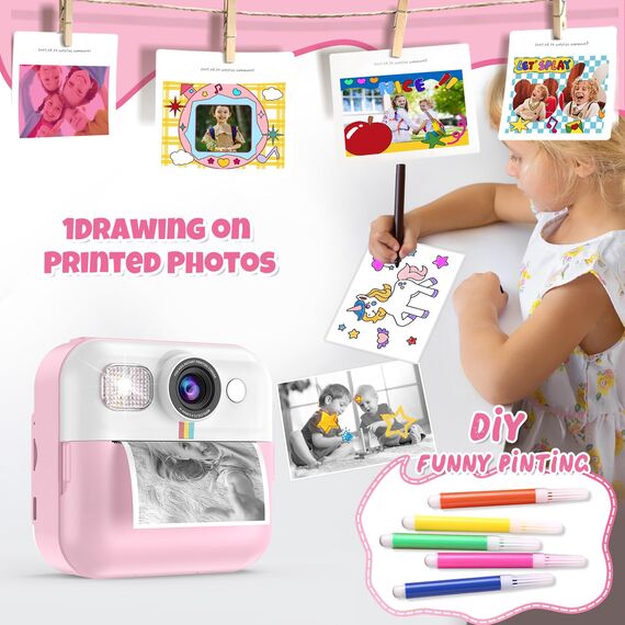 Kinderkamera Sofortbildkamera,Sofortbildkamera Kinder,1080P Digitalkamera Kinder mit 32GB Karte Druckpapier,Geburtstags Weihnachten Geschenke für Jungen und Mädchen 3-12 Jahre(Rosa)