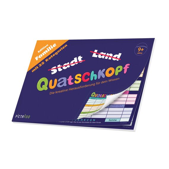 Quatschkopf Familie, Stadt Land Fluss Kinder Junior Variante, Spielblock mit 35 witzigen und kreativen Kategorien, Reisespiel Erwachsene Jugendliche, großer Block DIN A4, Gesellschaftsspiel ab 9 Jahre