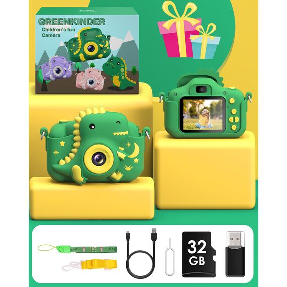 GREENKINDER Kinderkamera,2.0”-Bildschirm Kinder Kamera mit 32GB Karte, 20MP & 1080P HD Selfie Digitalkamera Kinder, Dinosaurier Geschenke für 3-12 Jahre Jungen und Mädchen