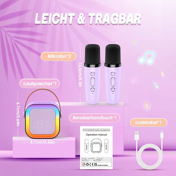 Dislocati Geschenk Mädchen 3-12 Jahre, Karaoke Maschine Kinder mit 2 Karaoke Mikrofon Bluetooth, Tragbarer Musikalisches Spielzeug mit LED-Lichtern, Ideal für Familienfeiern und Freundestreffen