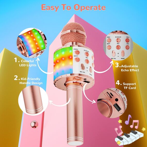 Magic Sing LED Karaoke Mikrofon Kinder, Drahtloses Bluetooth Spielzeug ab 3-12 Jahre Geschenk Mädchen KTV Lautsprecher mit Stimmenverzerrer, Heim KTV Karaoke Maschine für Android, iOS, PC(Roségold)