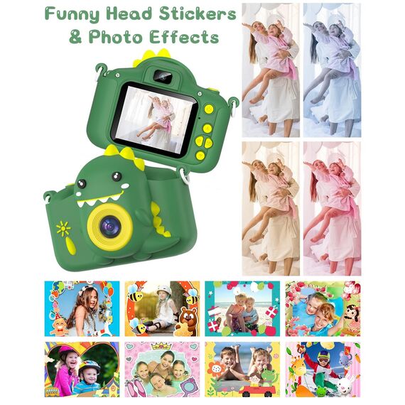 Kinderkamera, Gofunly Kinder Kamera 1080P 2,0-Zoll-Bildschirm Selfie Digitalkamera mit 32GB-Karte für 3-12 Jahre Jungen Mädchen Geburtstagsgeschenk Weihnachten Spielzeug Grün Dinosaurier