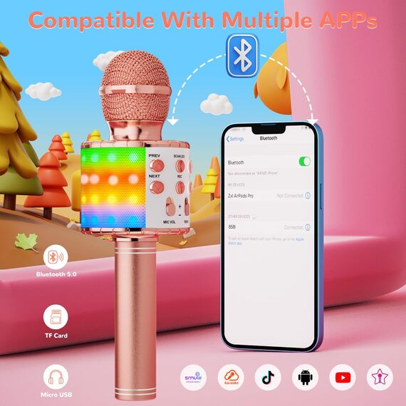 Magic Sing LED Karaoke Mikrofon Kinder, Drahtloses Bluetooth Spielzeug ab 3-12 Jahre Geschenk Mädchen KTV Lautsprecher mit Stimmenverzerrer, Heim KTV Karaoke Maschine für Android, iOS, PC(Roségold)