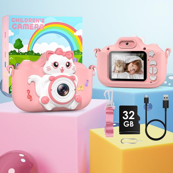 Kinderkamera, Gofunly Kinder Kamera 1080P 2,0-Zoll-Bildschirm Selfie Digitalkamera mit 32GB-Karte für 3-12 Jahre Jungen Mädchen Geburtstagsgeschenk Weihnachten Spielzeug Rosa Katze