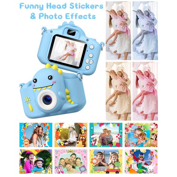 Kinderkamera, Gofunly Kinder Kamera 1080P 2,0-Zoll-Bildschirm Selfie Digitalkamera mit 32GB-Karte für 3-12 Jahre Jungen Mädchen Geburtstagsgeschenk Weihnachten Spielzeug Blau Dinosaurier