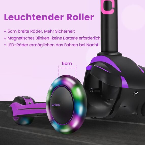 YOLEO Roller Kinder für 3–12 Jahre, Kinder Roller mit 4 Verstellbaren Höhen, Leuchtenden Räder Kinderroller, Stoßdämpfendes Design, Leicht zu Lenken, Balance-Trainings-Roller für Kinder, Violett