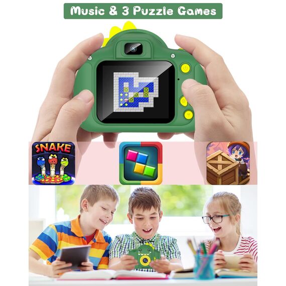 Kinderkamera, Gofunly Kinder Kamera 1080P 2,0-Zoll-Bildschirm Selfie Digitalkamera mit 32GB-Karte für 3-12 Jahre Jungen Mädchen Geburtstagsgeschenk Weihnachten Spielzeug Grün Dinosaurier
