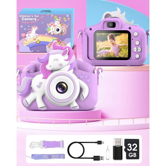 Kinderkamera, Gofunly Kinder Kamera 1080P 2,0-Zoll-Bildschirm Selfie Digitalkamera mit 32GB-Karte für 3-12 Jahre Jungen Mädchen Geburtstagsgeschenk Weihnachten Spielzeug Lila-Weißes Pferd