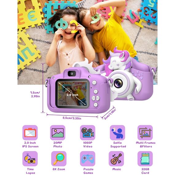 Kinderkamera, Gofunly Kinder Kamera 1080P 2,0-Zoll-Bildschirm Selfie Digitalkamera mit 32GB-Karte für 3-12 Jahre Jungen Mädchen Geburtstagsgeschenk Weihnachten Spielzeug Lila-Weißes Pferd