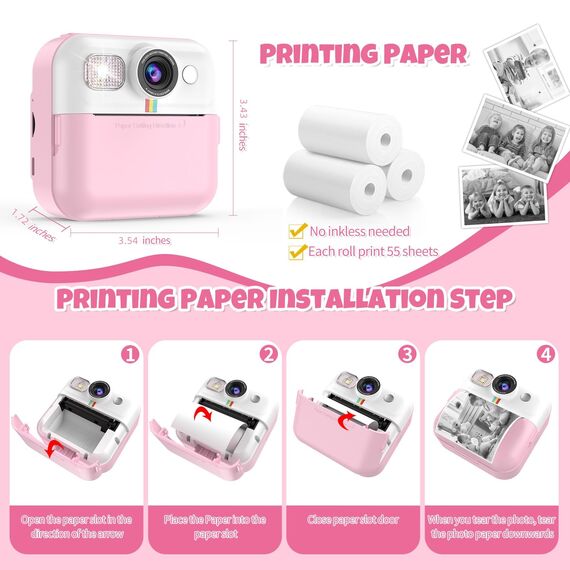 Kinderkamera Sofortbildkamera,Sofortbildkamera Kinder,1080P Digitalkamera Kinder mit 32GB Karte Druckpapier,Geburtstags Weihnachten Geschenke für Jungen und Mädchen 3-12 Jahre(Rosa)
