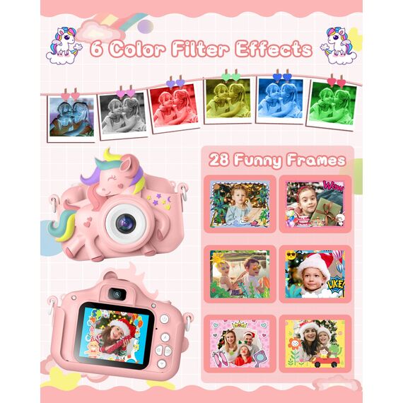Kinderkamera, Gofunly Kinder Kamera 1080P 2,0-Zoll-Bildschirm Selfie Digitalkamera mit 32GB-Karte für 3-12 Jahre Jungen Mädchen Geburtstagsgeschenk Weihnachten Spielzeug Rosa Pferd