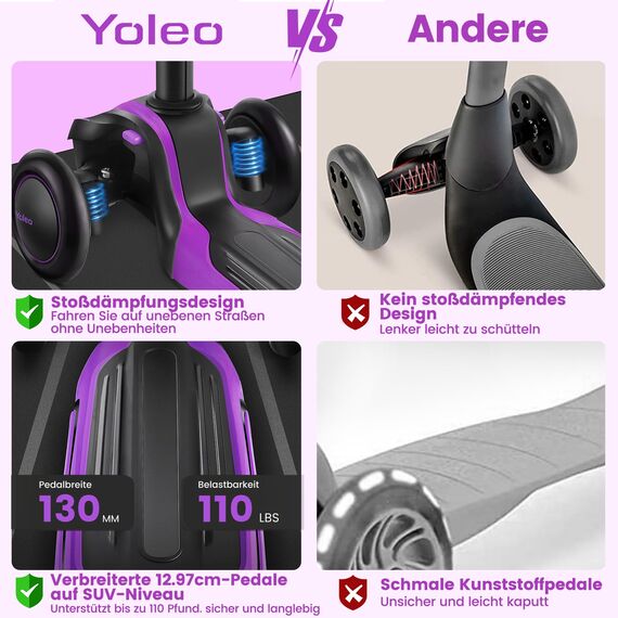 YOLEO Roller Kinder für 3–12 Jahre, Kinder Roller mit 4 Verstellbaren Höhen, Leuchtenden Räder Kinderroller, Stoßdämpfendes Design, Leicht zu Lenken, Balance-Trainings-Roller für Kinder, Violett